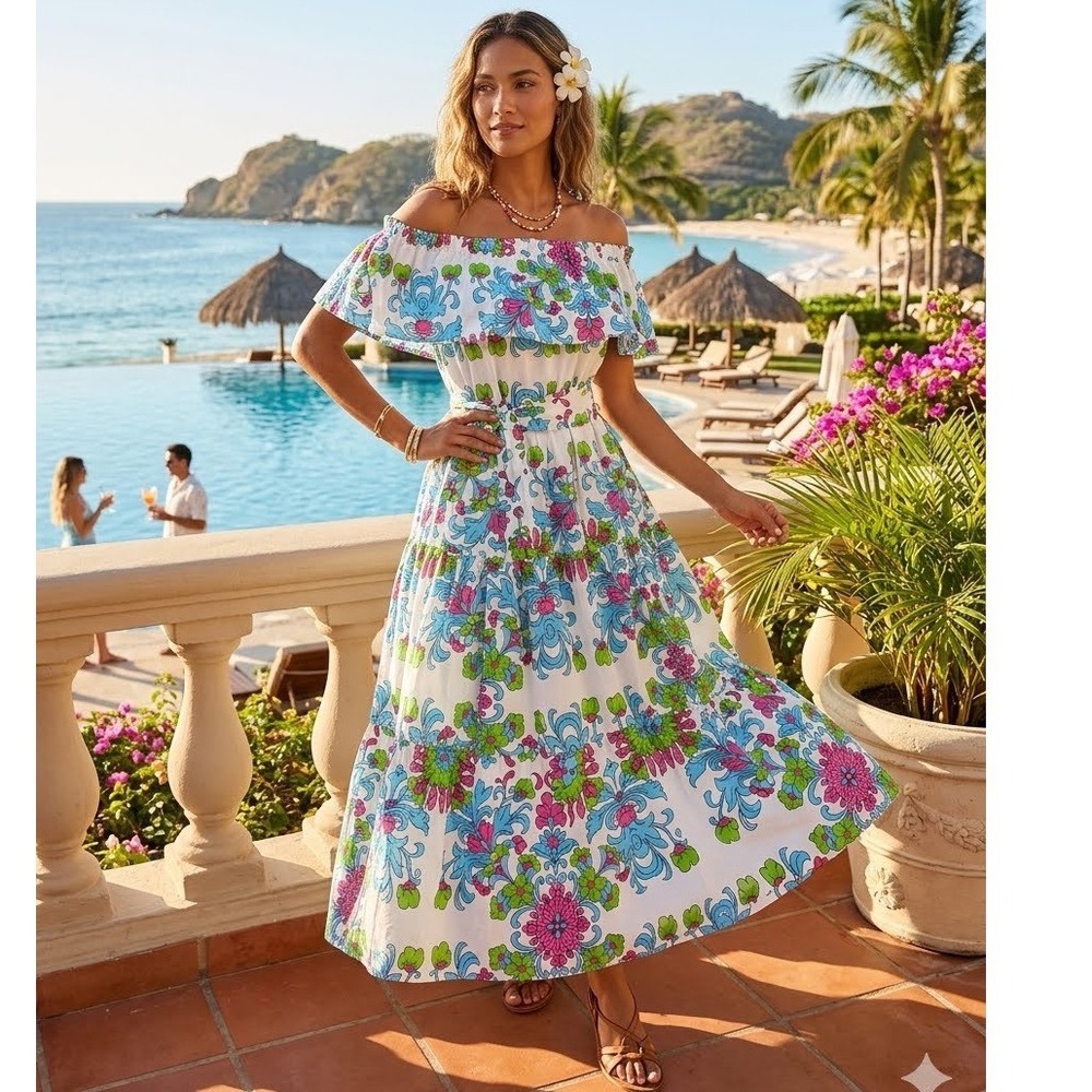 Fame Istanbul Floral‎ Off Shoulder Maxi Dress White Blue Pink Green Tiered M